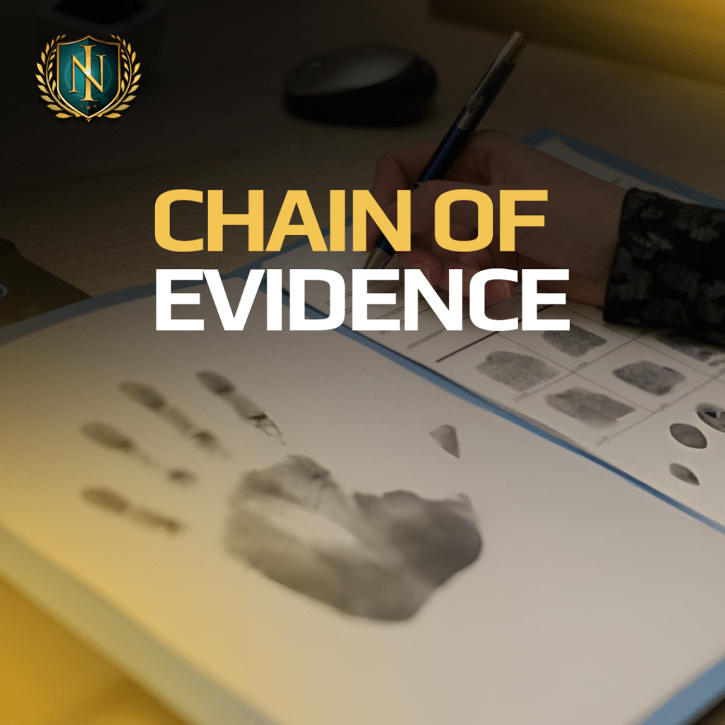 Chain of evidence workflow in a Florida private investigation showing document handling, timestamps, and evidence tracking